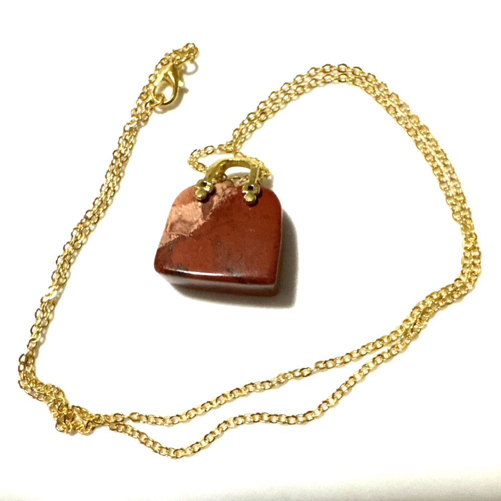 Red Jasper? Purse Pendant Necklace Jewelry Gold Tone Genuine Stone Handmade 23"
